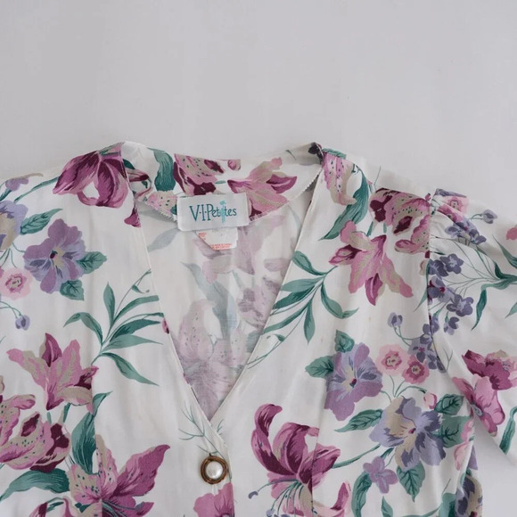 Vintage VIP Petites White w Purple  Floral Button Drop Waist Swing Dress 4 - Picture 9 of 10